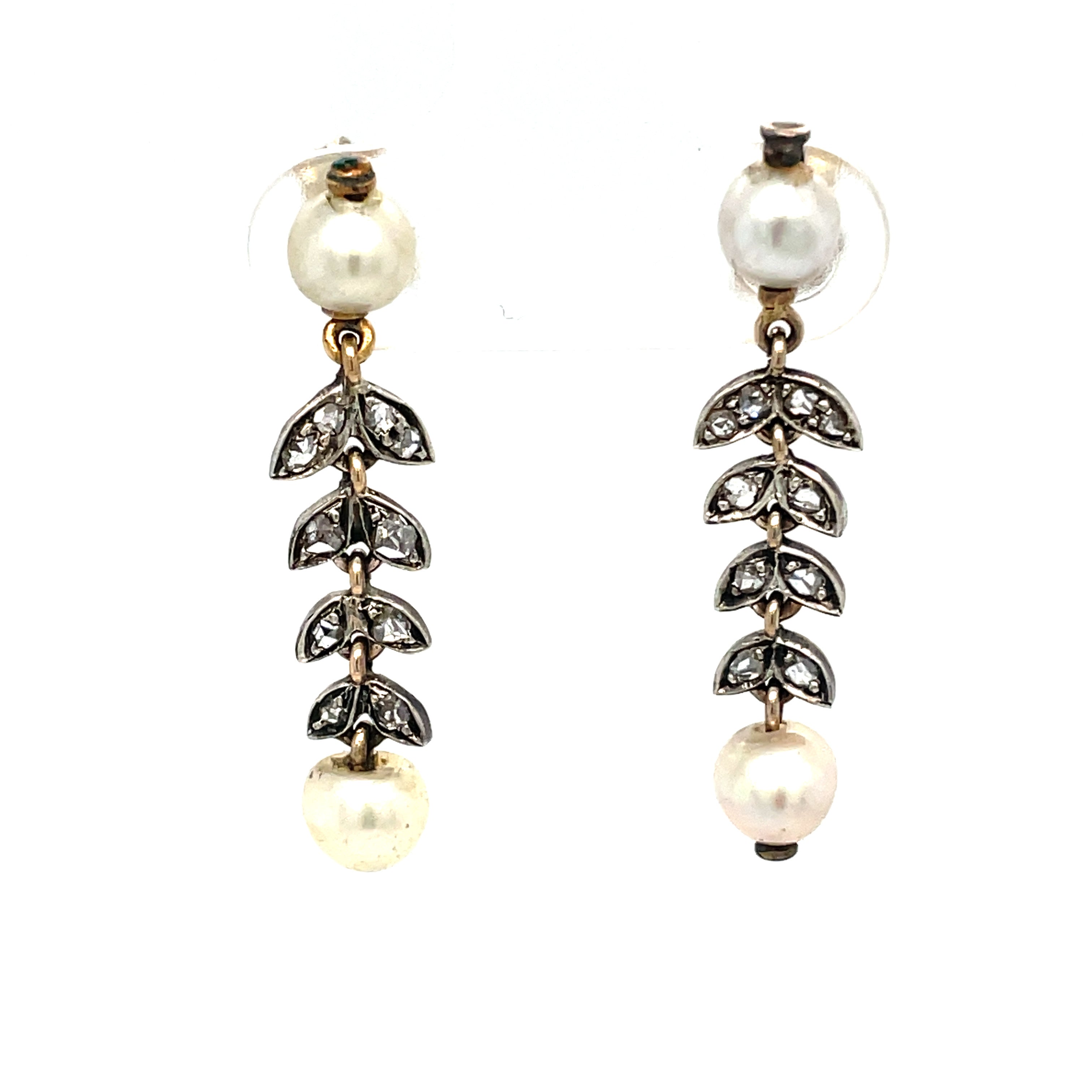 Natural Saltwater Pearl and Diamond Victorian Earrings