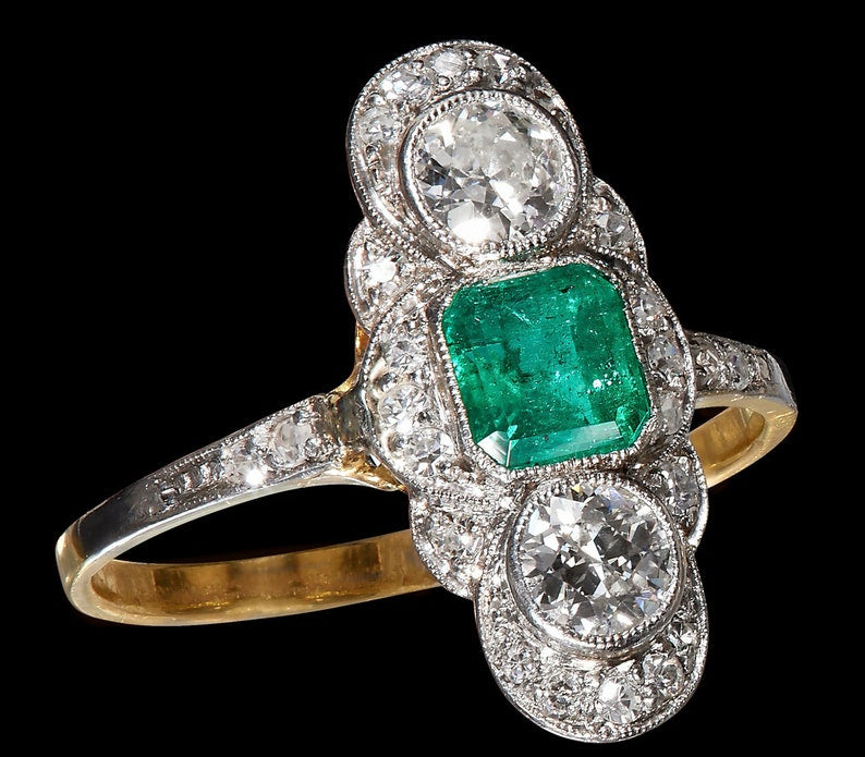 Art Deco Emerald and Diamond 18k Gold and Platinum Ring