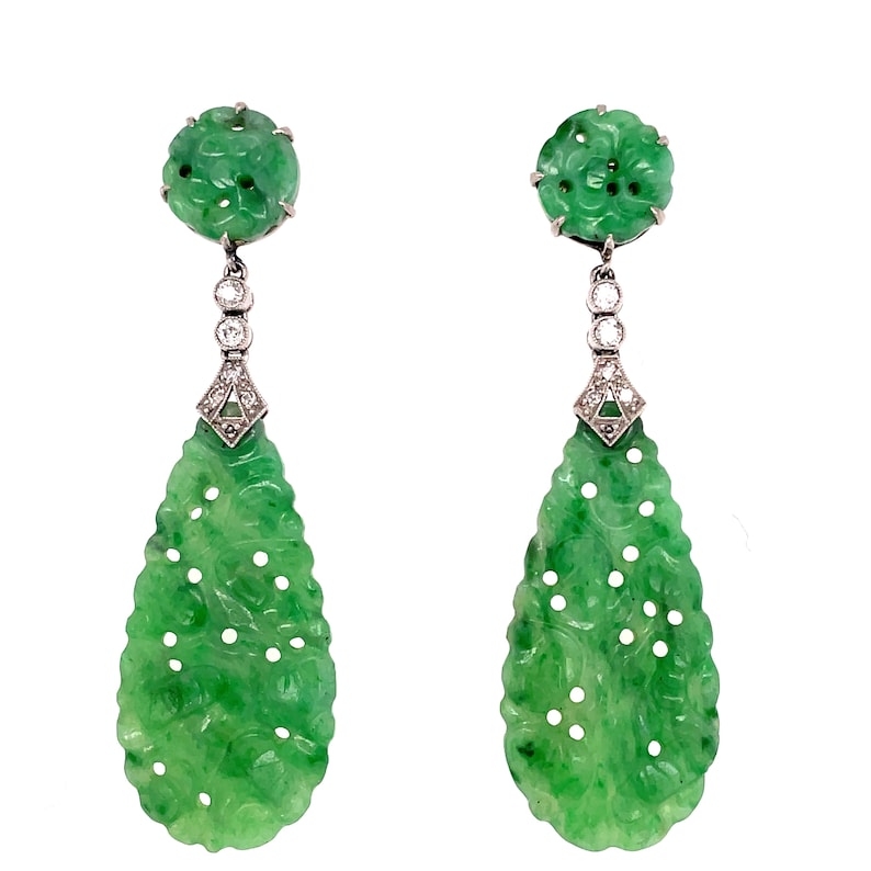 Art Deco Natural Jadeite Platinum and Diamond Earrings