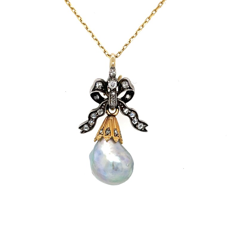 Antique Edwardian Baroque Pearl and Diamond Set Bow Pendant