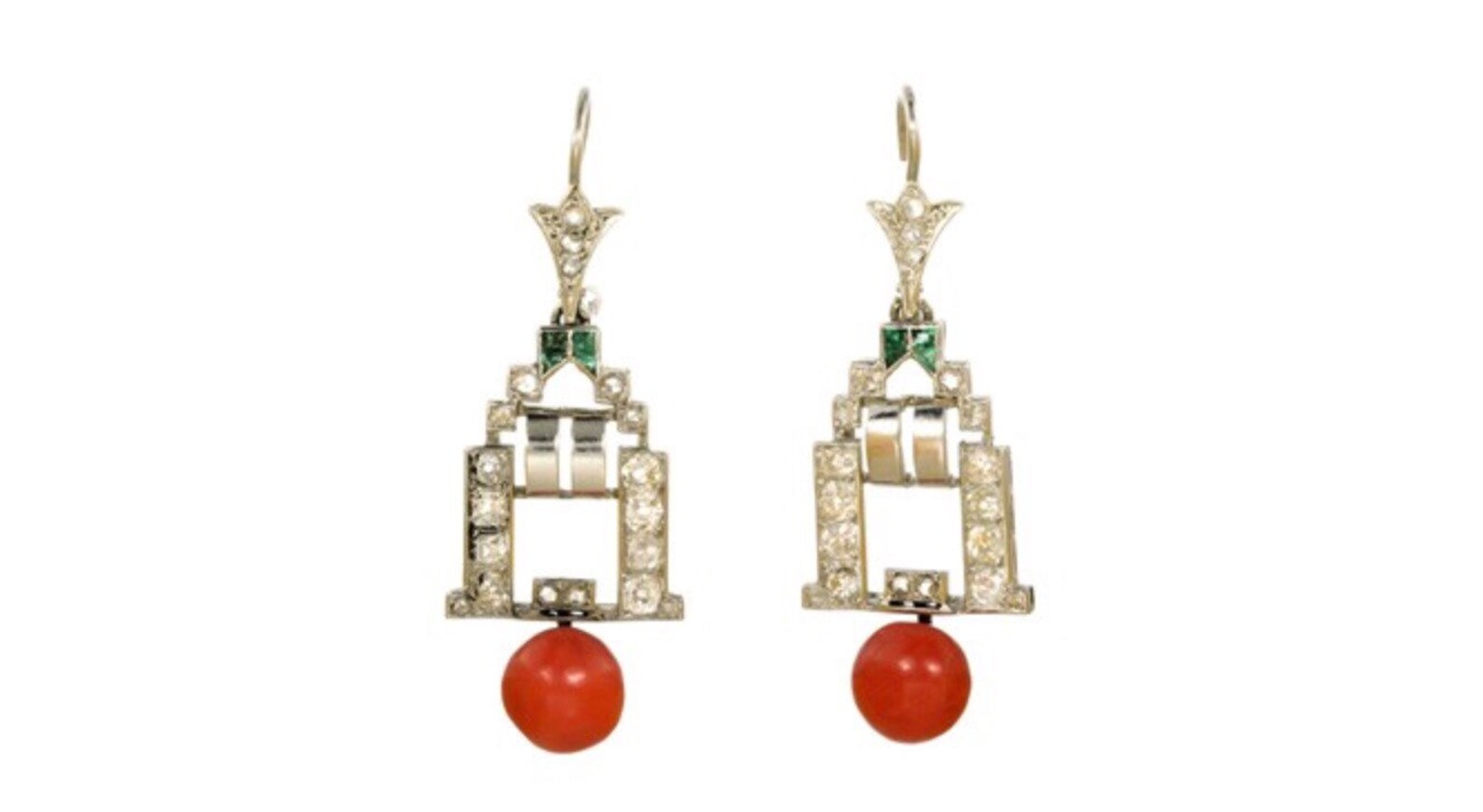 Art Deco Diamond Emerald and Natural Sicilian Red Coral 18k Gold Earrings