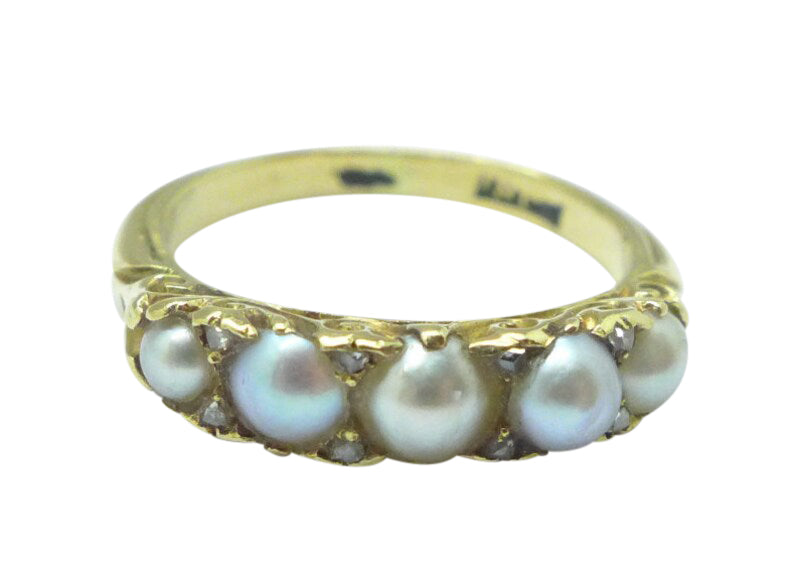 Natural Antique Pearl and Diamond 18ct Gold Ring