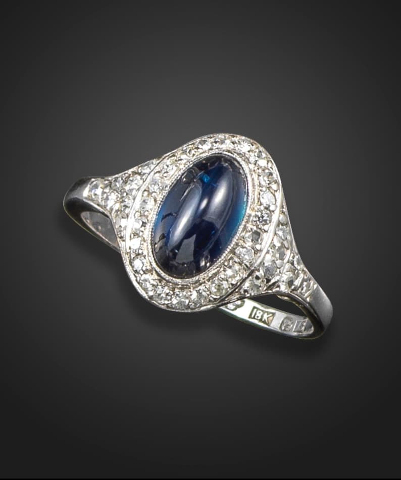 Art Deco Cabochon Unheated Sapphire and Diamond 18ct Gold Ring 1932