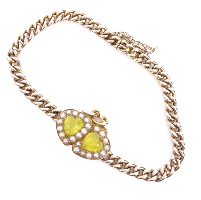 Double Heart Chrysoberyl and Pearl Victorian Bracelet