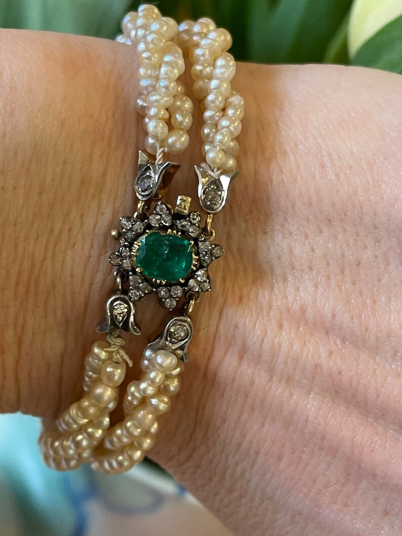 Victorian Columbian Emerald Diamond and Pearl Bracelet