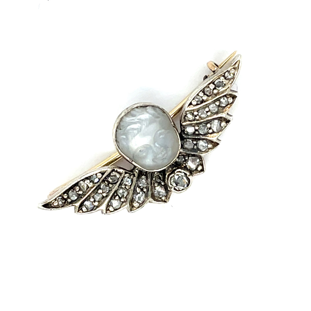Carved Moonstone and Diamond Winged Cherub Victorian Brooch
