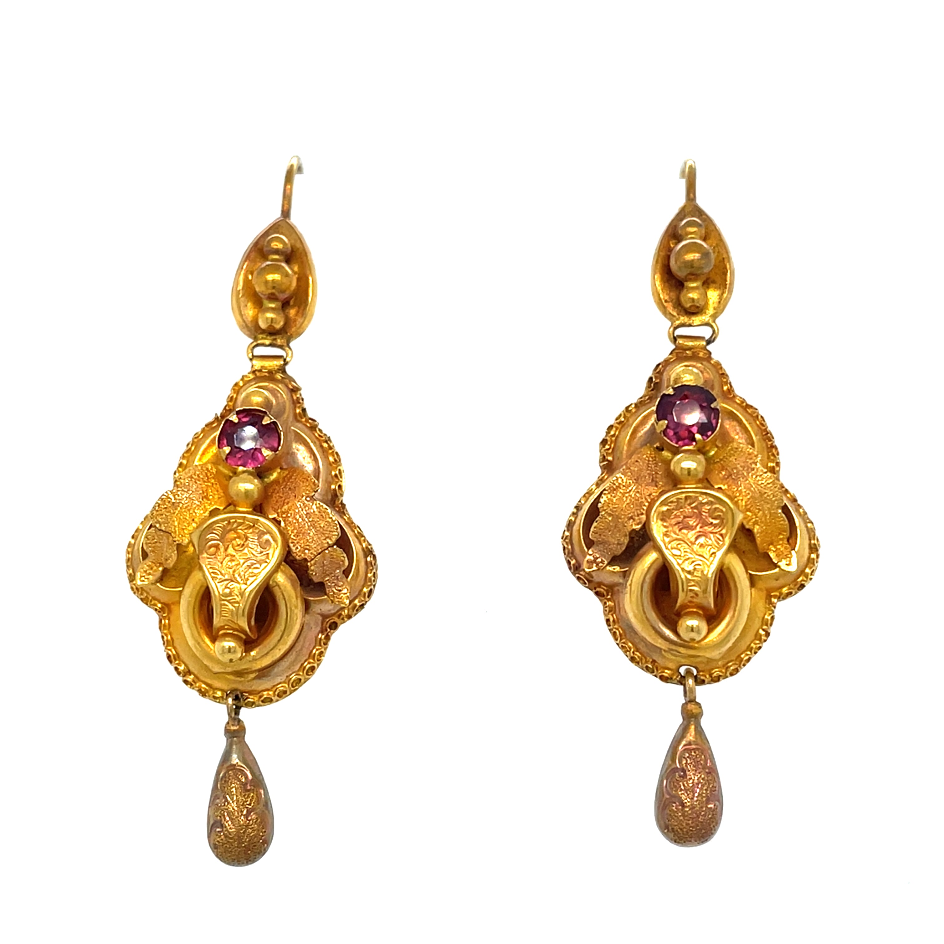 Etruscan Revival Garnet Victorian 15ct Gold Earrings