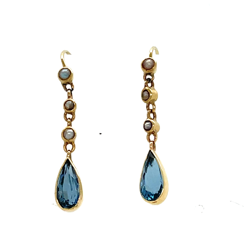 Aquamarine and Pearl Edwardian Gold Earrings