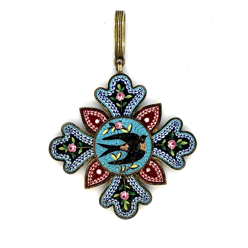 Antique Micro Etruscan Revival Micro Mosaic Dove Gold Pendant