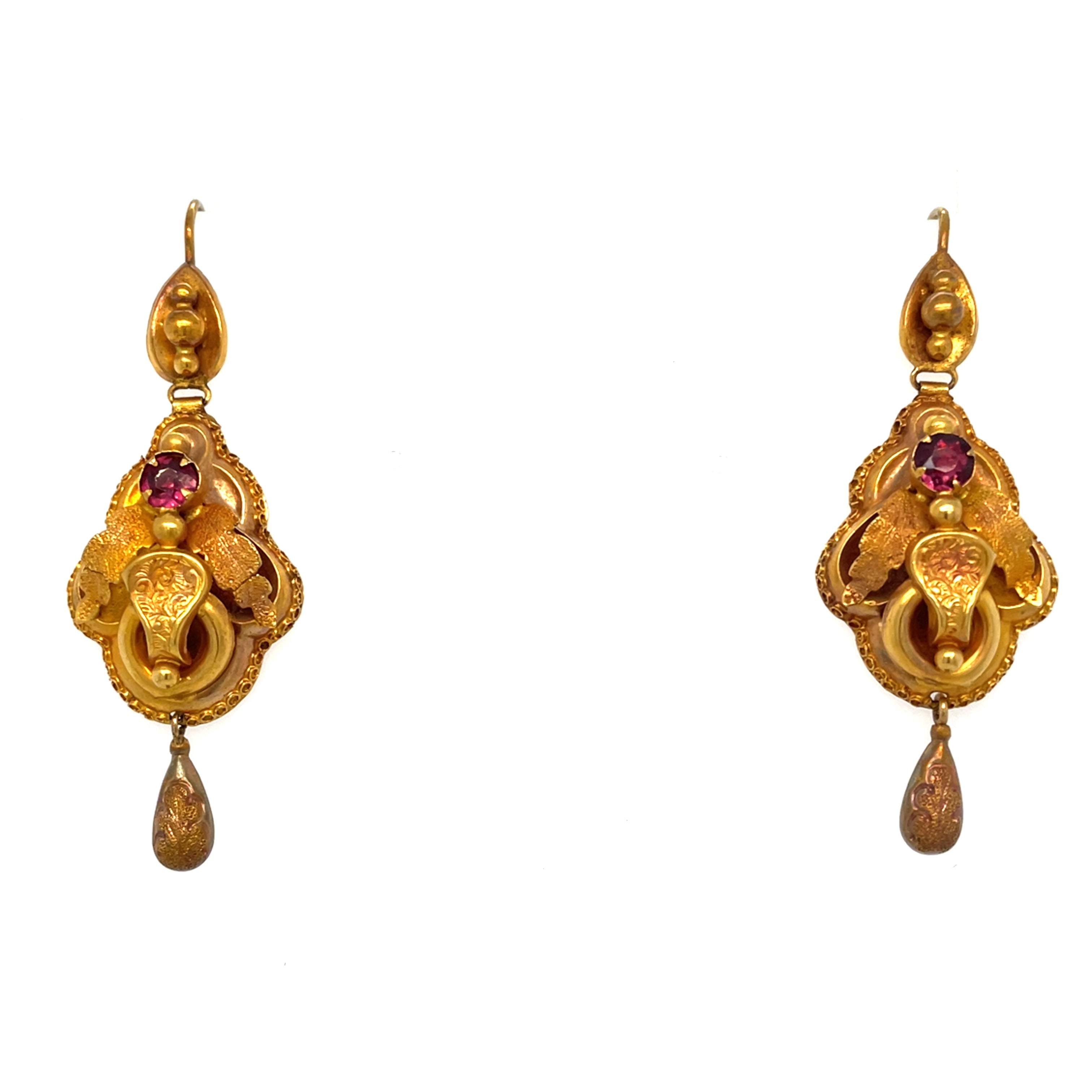 Etruscan Revival Garnet Victorian 15ct Gold Earrings