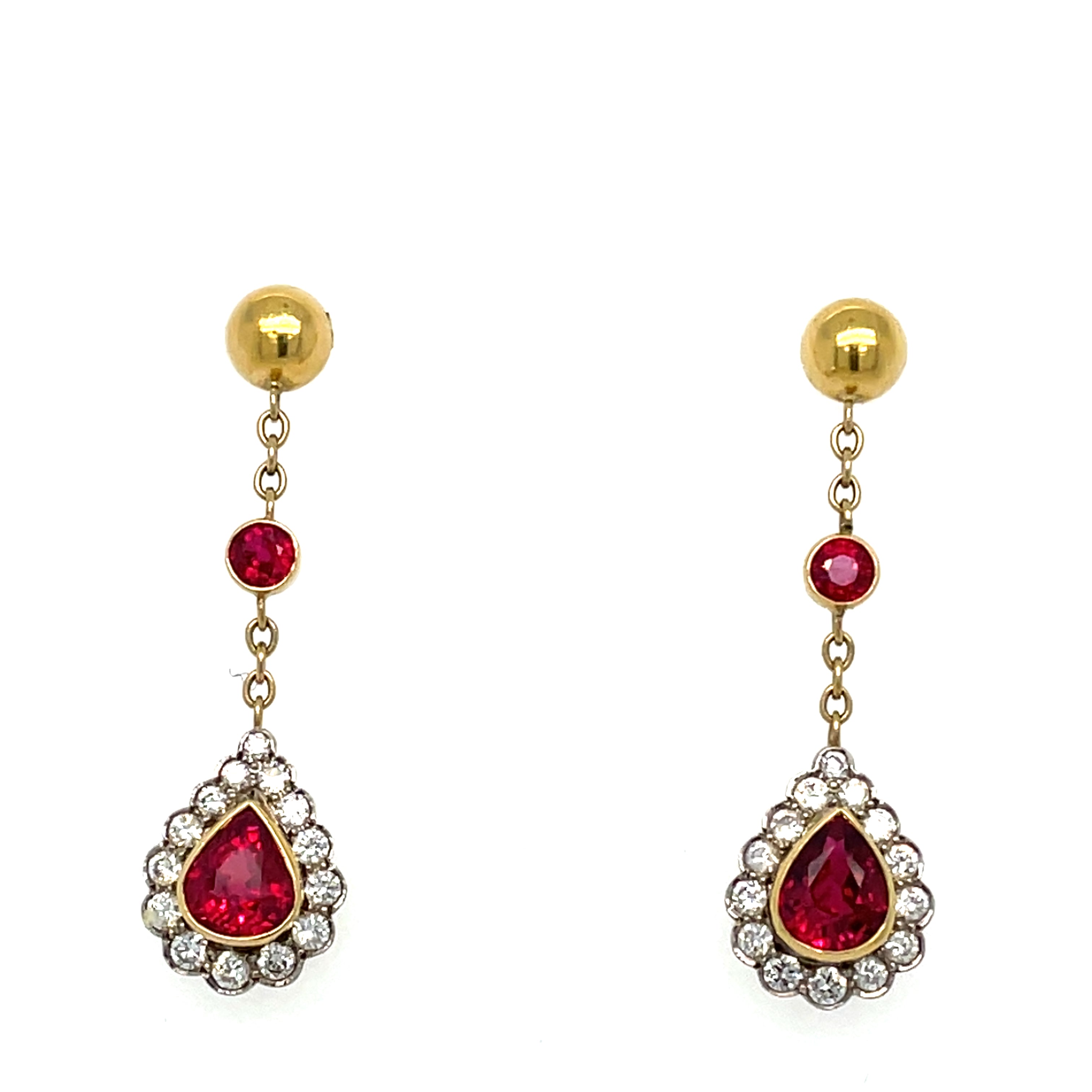 Vintage Ruby and Diamond Pear Shaped 18ct Gold Earrings