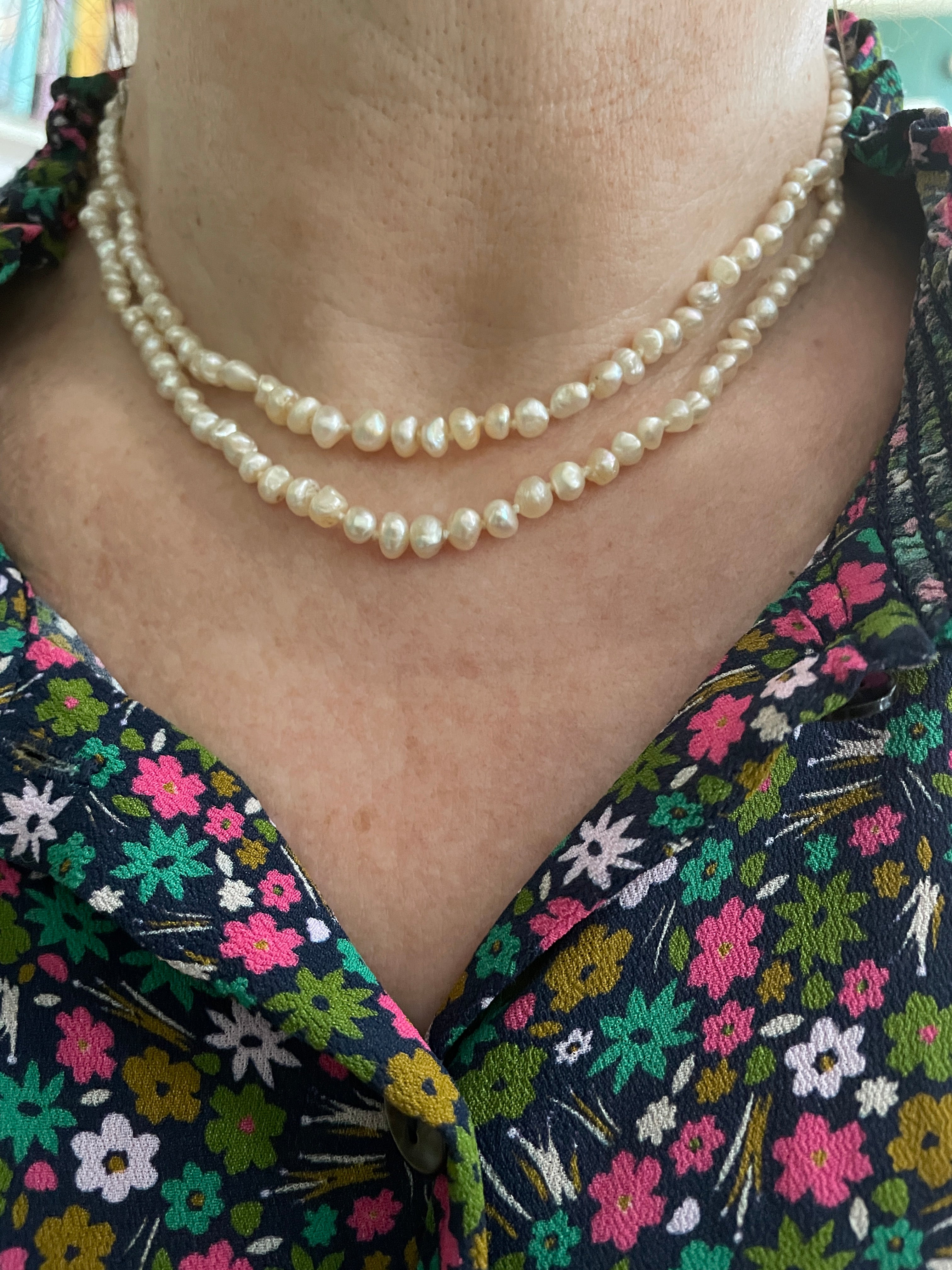 Antique Natural Saltwater Pearl and Diamond Necklace