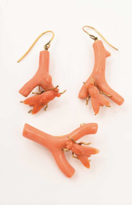 Antique Victorian Coral Fly Earrings and Brooch