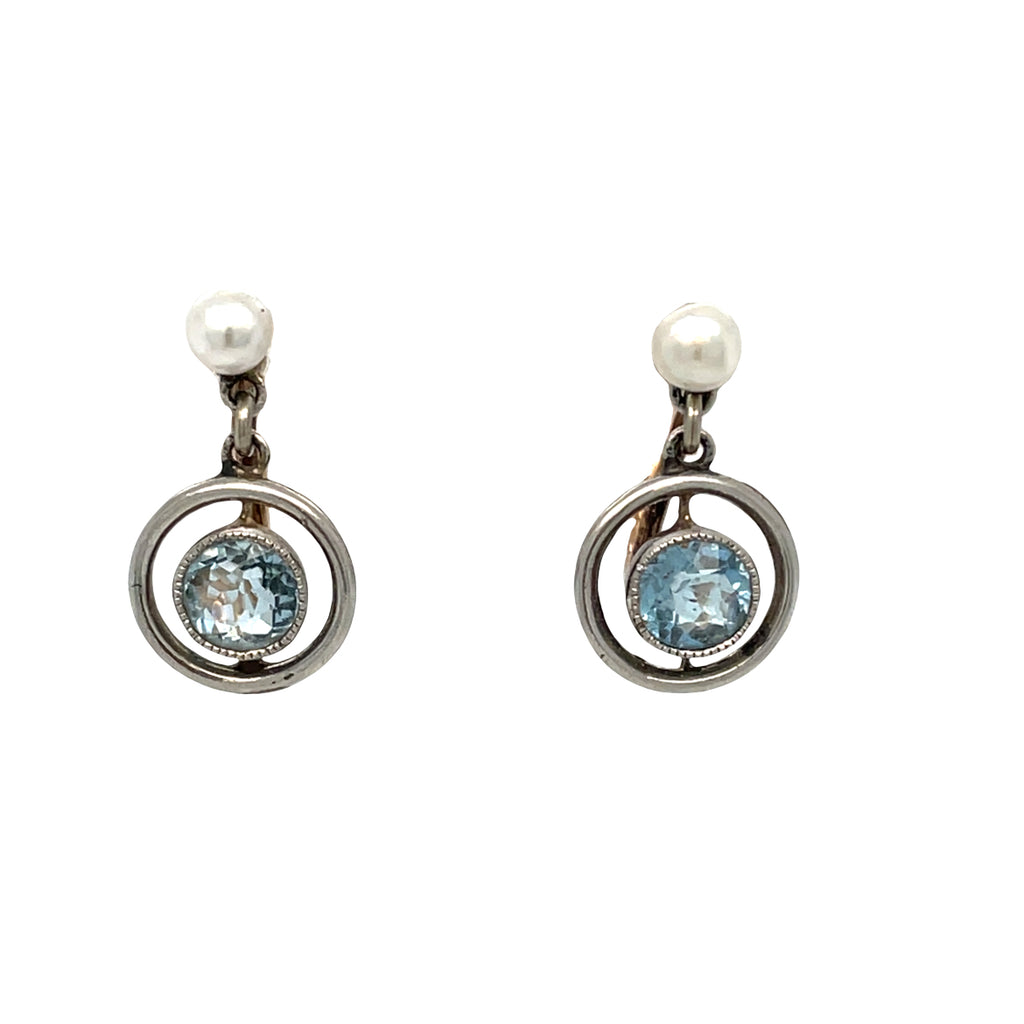Aquamarine Platinum and Pearl 15ct Gold Earrings