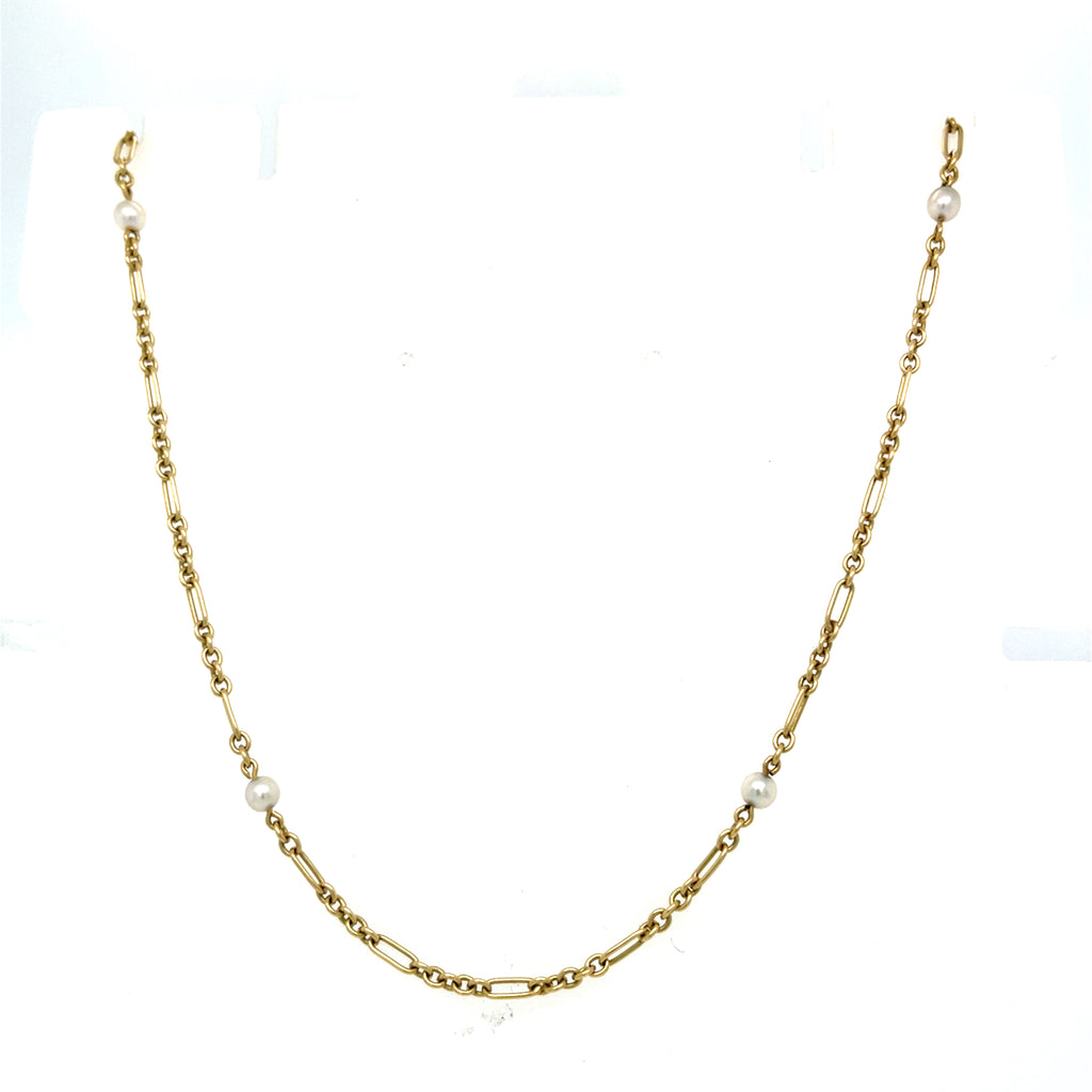 Edwardian Antique Gold and Pearl Trombone Linked Necklace 18ct Gold
