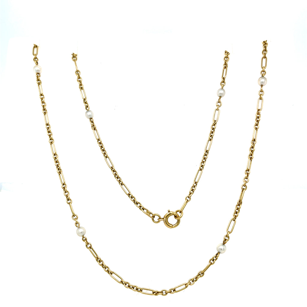 Edwardian Antique Gold and Pearl Trombone Linked Necklace 18ct Gold