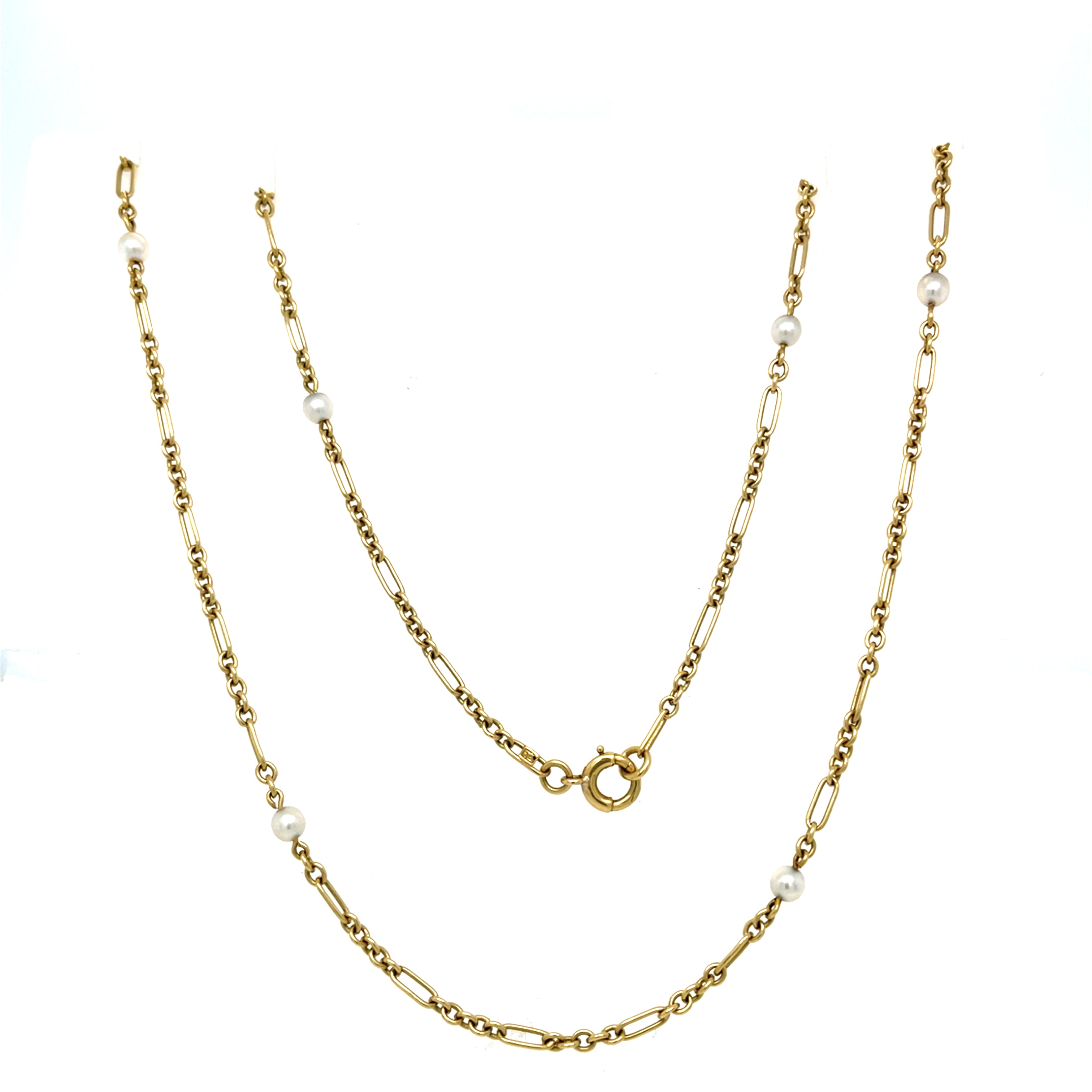 Edwardian Antique Gold and Pearl Trombone Linked Necklace 18ct Gold