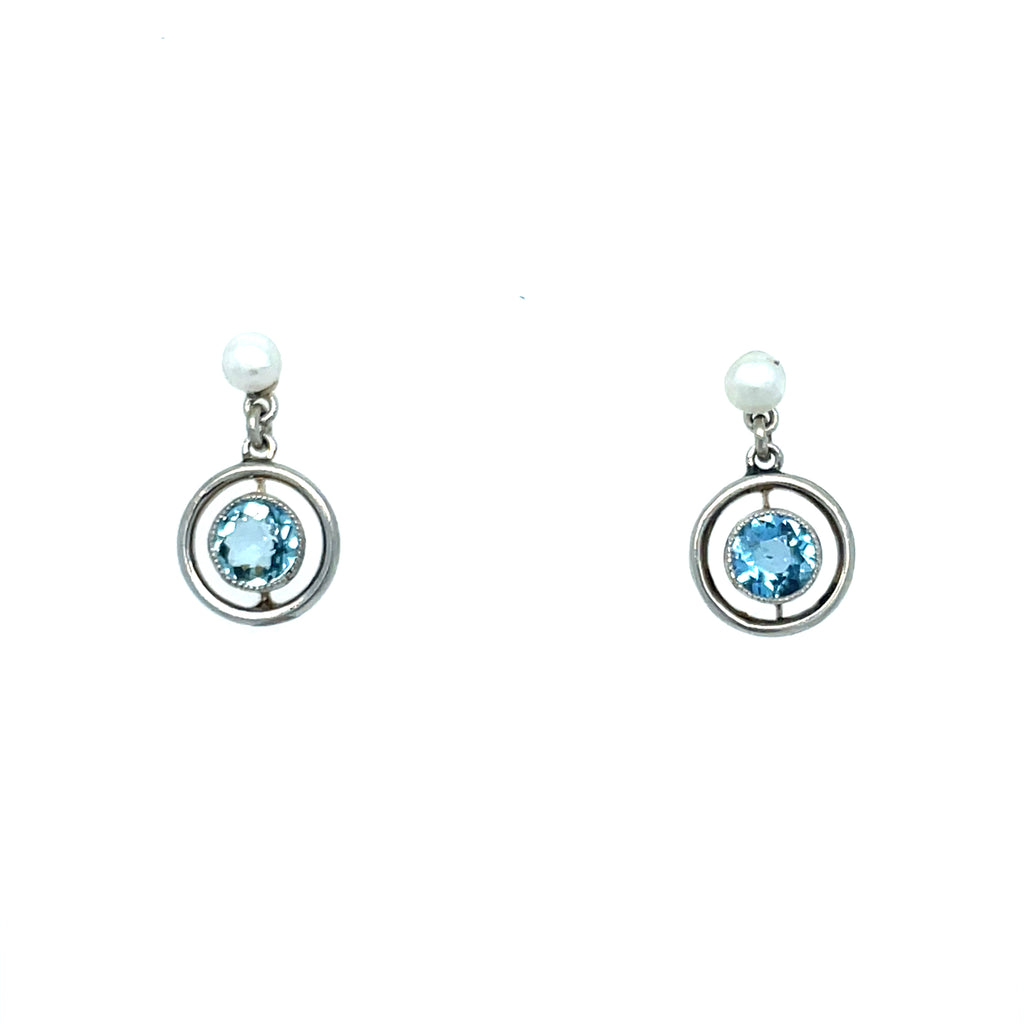 Aquamarine Platinum and Pearl 15ct Gold Earrings