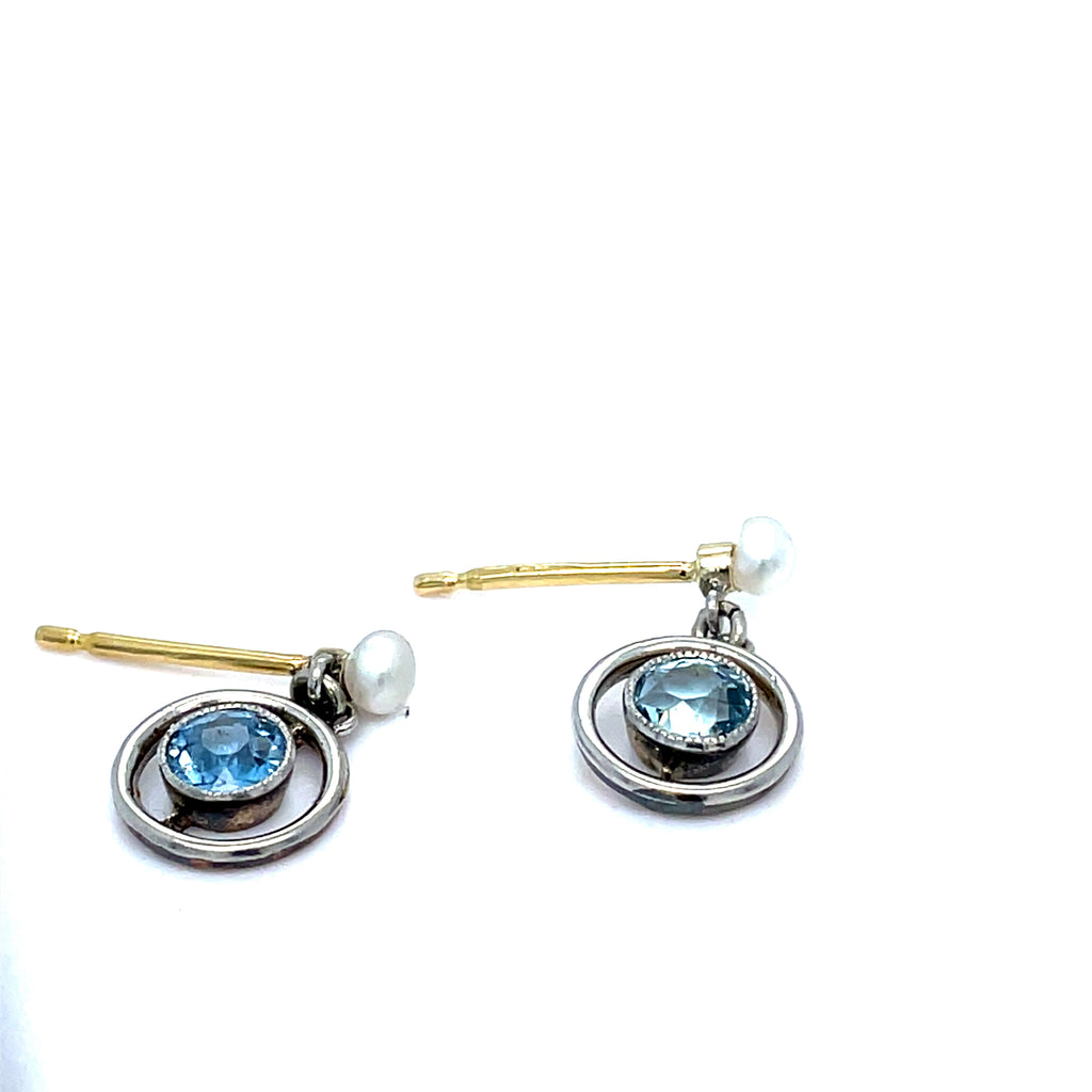 Aquamarine Platinum and Pearl 15ct Gold Earrings