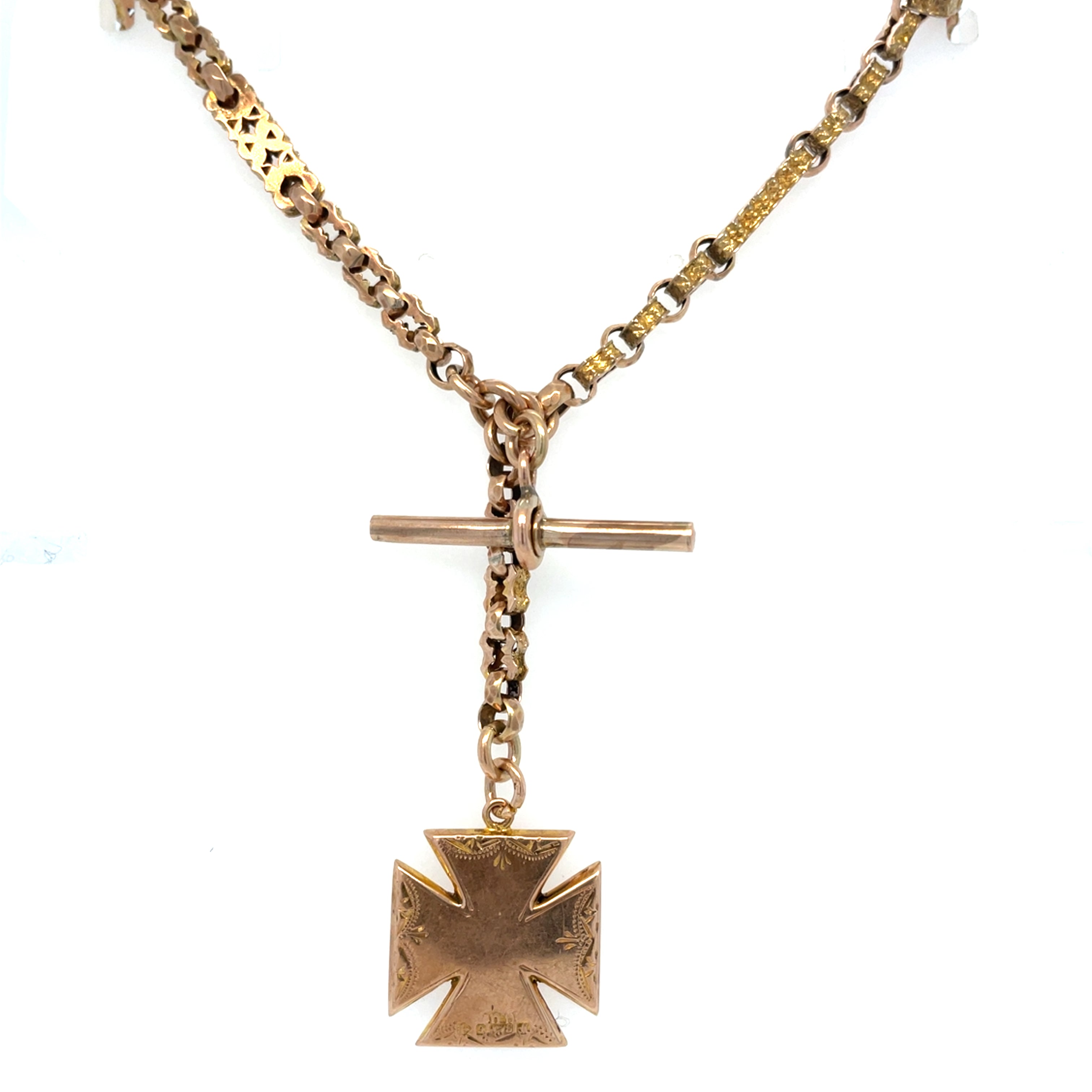 Antique 9ct Rose Gold Albert Chain With T-Bar and Fob