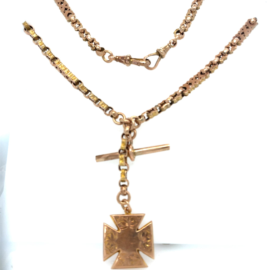 Antique 9ct Rose Gold Albert Chain With T-Bar and Fob