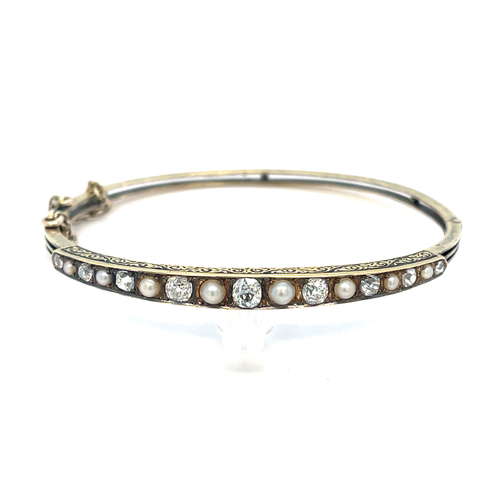 Victorian Diamond and Pearl 18ct Gold Bangle