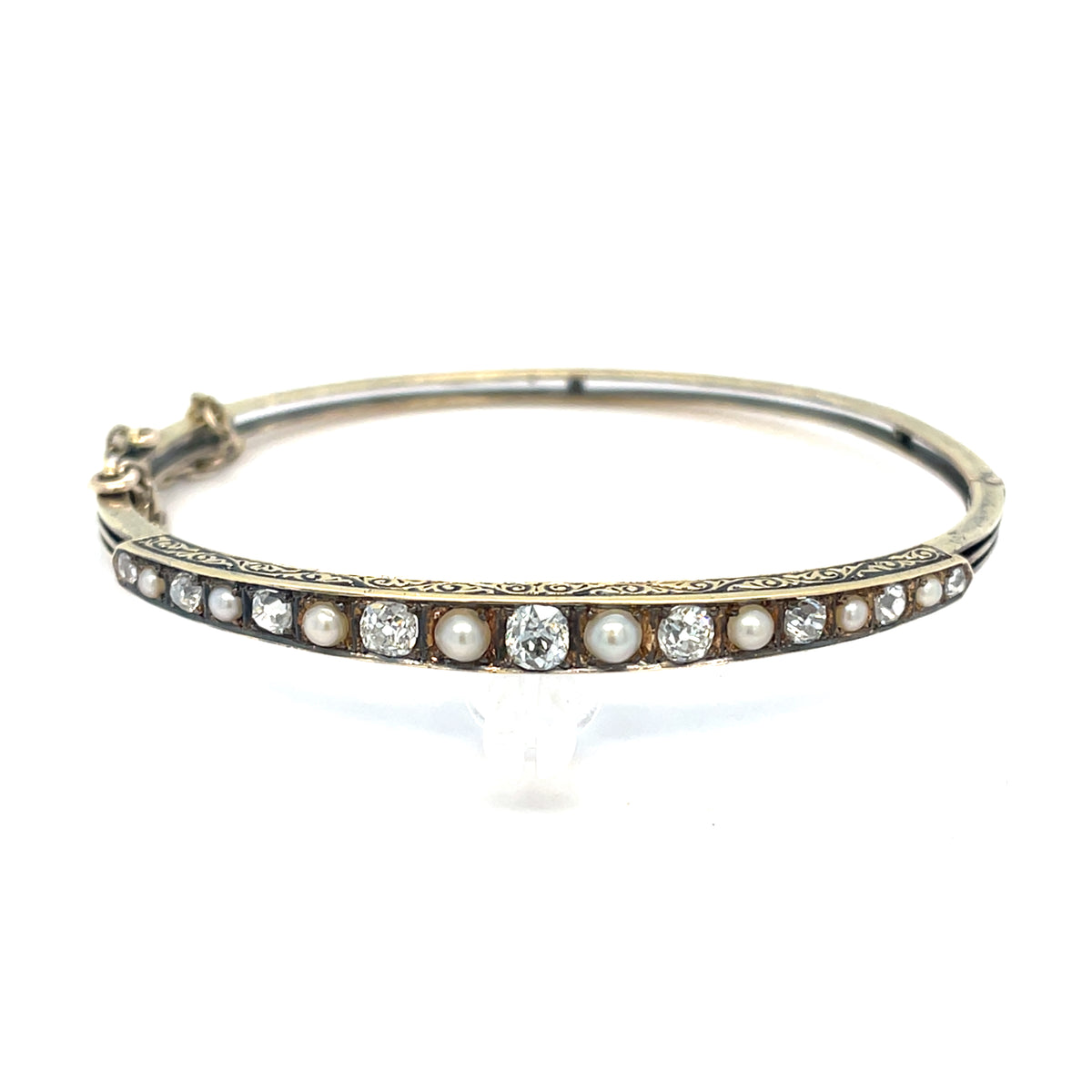Victorian Diamond and Pearl 18ct Gold Bangle