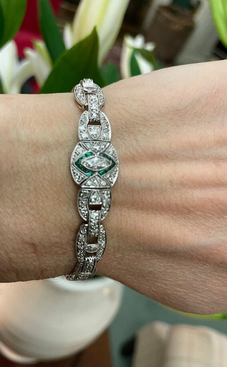 Art Deco Old European Cut Diamond and Emerald Platinum Bracelet
