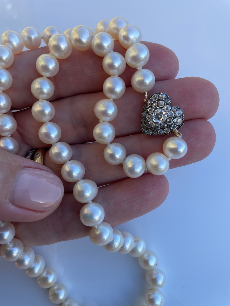Antique Diamond Set Heart Clasp and Pearl Necklace