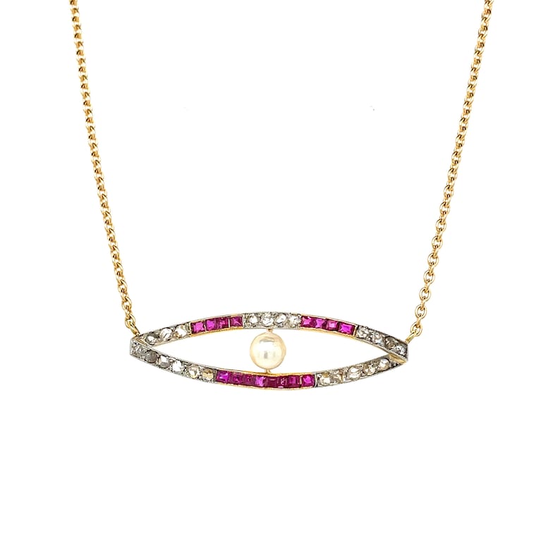 Antique Brooch Conversion Ruby, Diamond and Pearl 18ct Gold Necklace