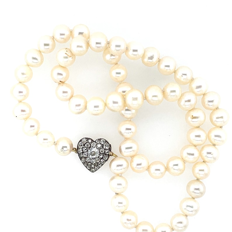 Antique Diamond Set Heart Clasp and Pearl Necklace