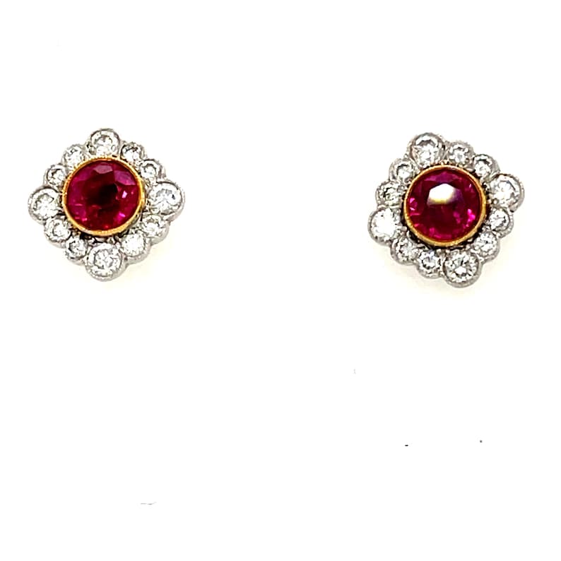 Burmese Ruby and Diamond Cluster Earrings 18ct Gold