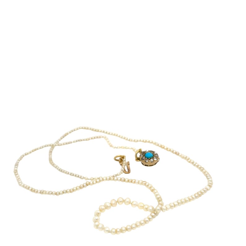 Antique Certified Natural Saltwater Pearl Necklace with A Turquoise and DIamond Clasp