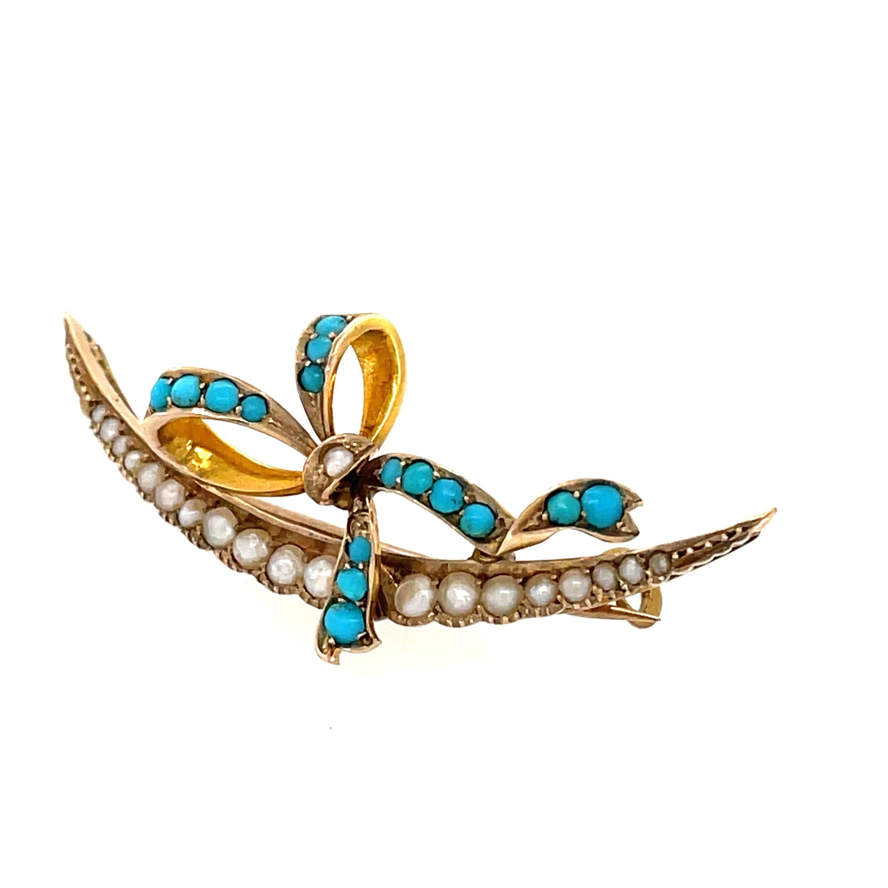 Edwardian Turquoise and Pearl Crescent Bow Brooch