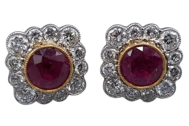 Burmese Ruby and Diamond Cluster Earrings 18ct Gold