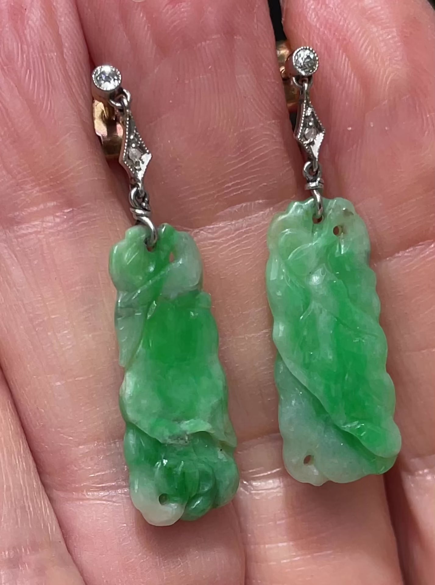 Art Deco Jadeite and Diamond Gold Earrings