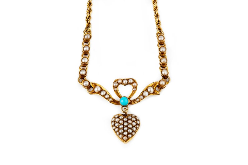 15ct Gold Seed Pearl and Turquoise Edwardian Heart Necklace