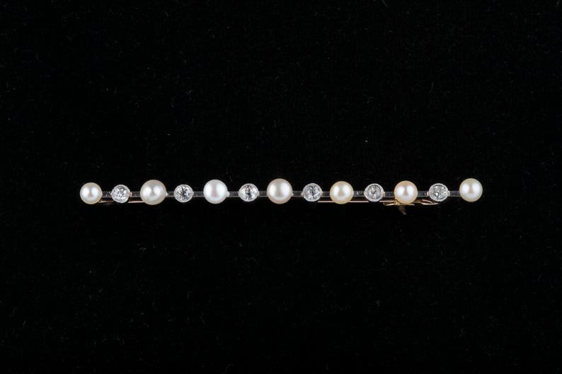 Edwardian Natural Pearl and Old Cut Diamond Line Brooch