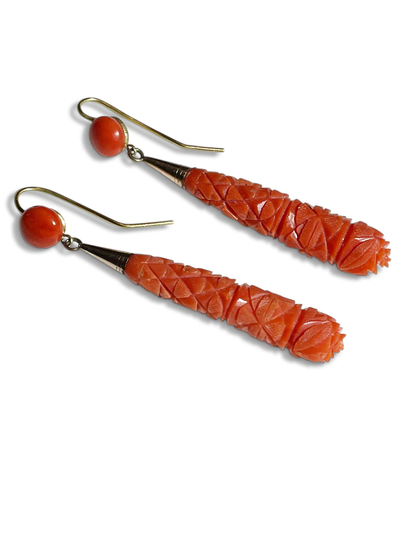 19th Century Carved Coral and Gold Earrings